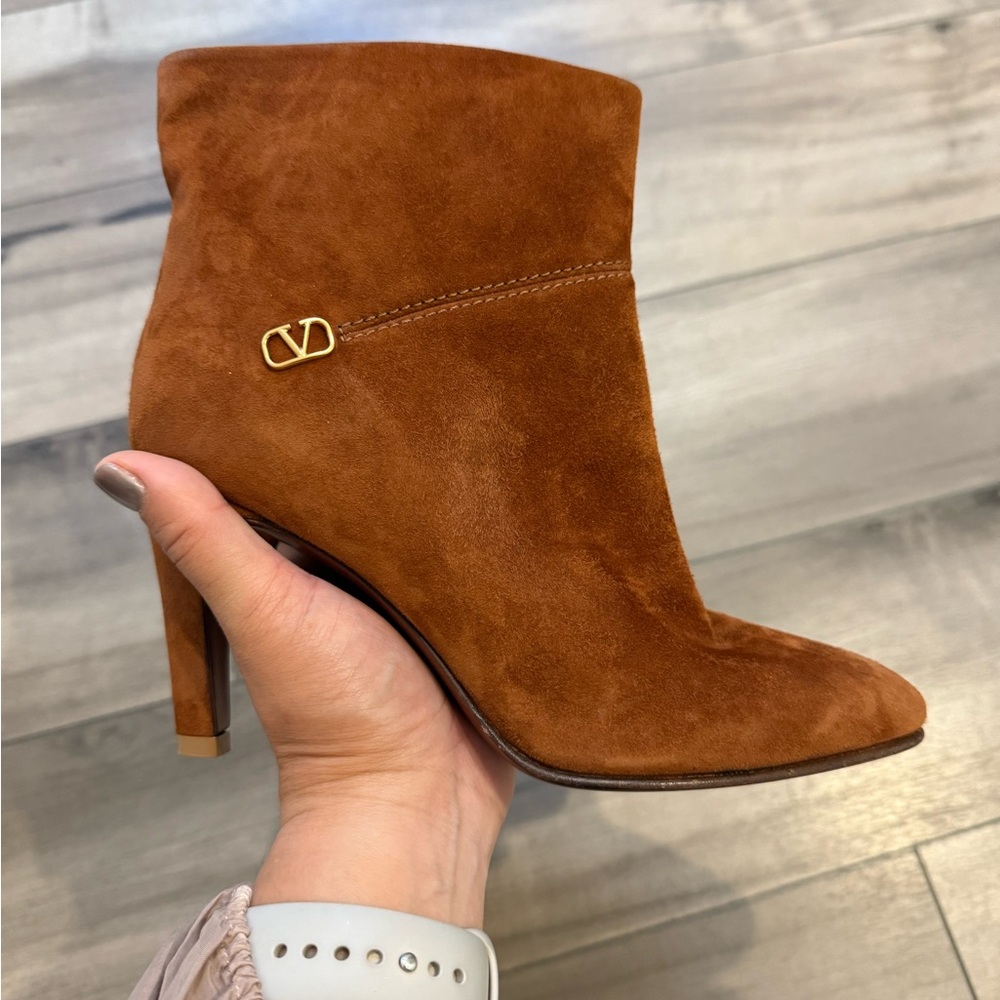 Valentino Garavani Tan Ankle Booties with Gold Logo